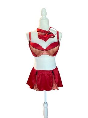 Cassandra intimates Red Satin & Mesh Lingerie Set - 3 Piece